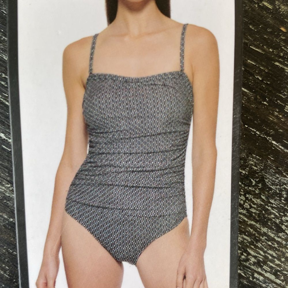 DKNY Black & White Print Shirred 1 Piece Bathing Swim Suit NEW L